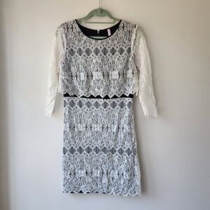 Kensie 3/4 Sleeve Sheath Dress | Women's Small | Black White Lace Panels Zipper